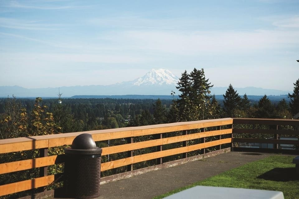 a wooden fence lines the edge of a Mt. Rainier viewpoint at Overlook Point Park