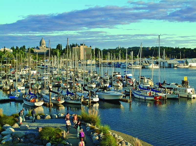 Sailboats moored at a marina near Port Plaza in downtown Olympia