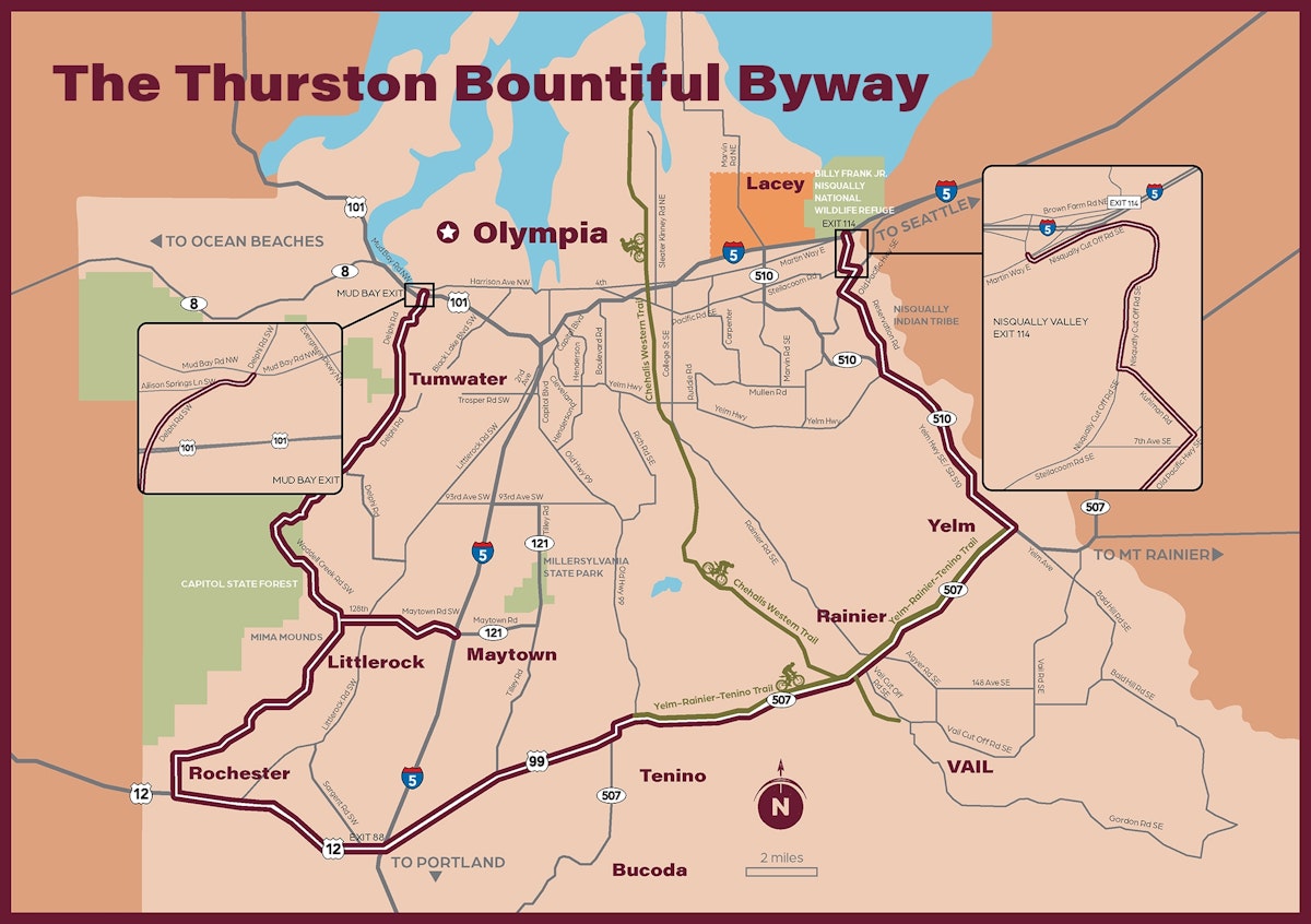 A directional map showcasing the route that makes up the Thurston Bountiful Byway in Thurston County.