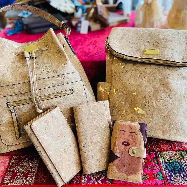 Small cork handbags and wallets on display at Traditions Fair Trade in downtown Olympia.